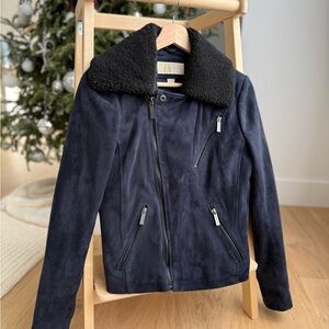 Michael Kors navy shearling collar suede leather moto jacket. Size S